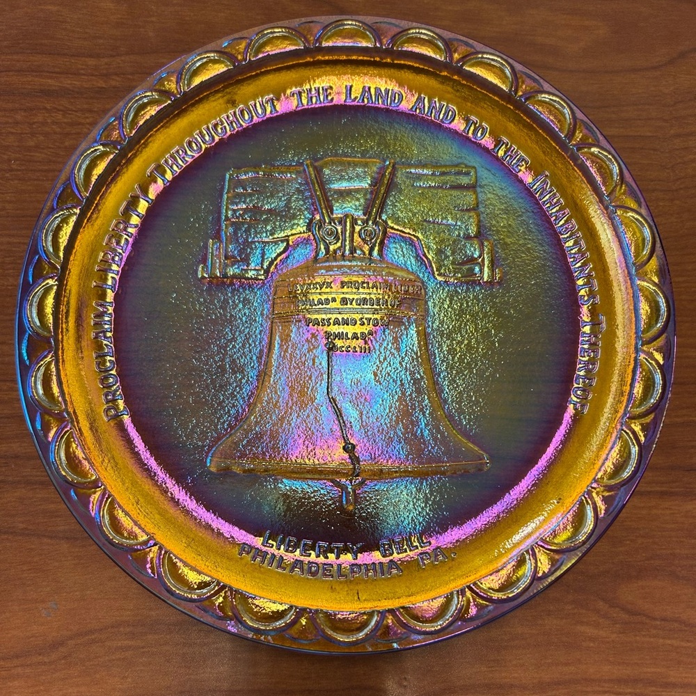 Carnival Glass “Marigold” by Indiana Glass Co. Iridescent Liberty Bell Plate. 8”
